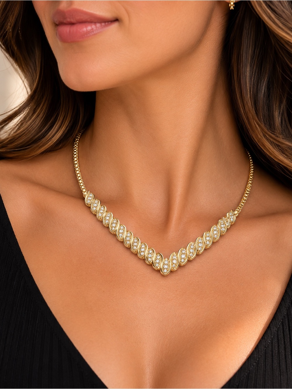 Natural Diamond Studded Brass Necklace/Gold plated/0.60CTW/ Vintage/18”